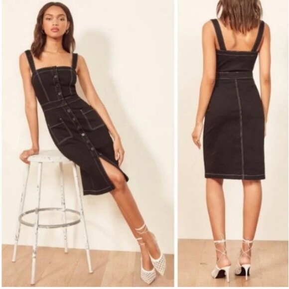 Reformation Roxanna Denim Dress 6 Black Button Down Straps Pockets - Picture 2 of 14